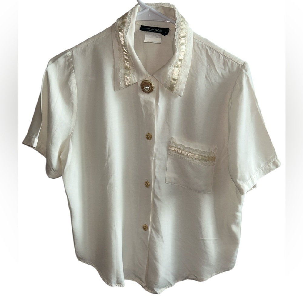 Vintage Younique Made in USA White Short Sleeve Blouse with Lace Trim Sz: Small